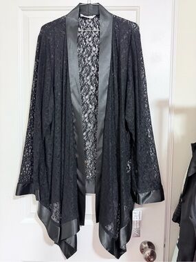 Penningtons Black Lace Open-Front Cardigan with Satin Trim